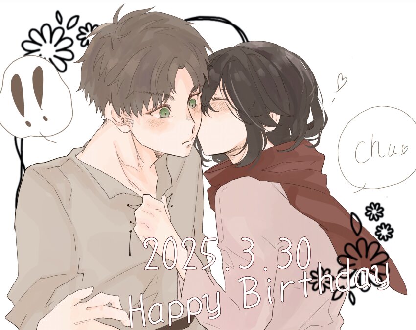 ! !! 1boy 1girl absurdres assertive_female black_hair blush brown_hair cardigan closed_eyes clothes_grab couple dated eren_yeager green_eyes grey_shirt hair_between_eyes happy_birthday hetero highres kiss kissing_cheek medium_hair mikasa_ackerman nitijoy2 parted_bangs pink_cardigan red_scarf scarf shingeki_no_kyojin shirt shirt_grab short_hair spoken_exclamation_mark upper_body white_background