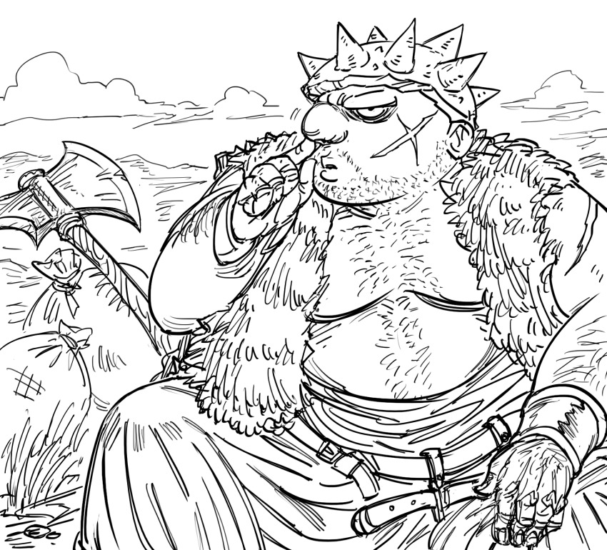 1boy axe bad_id bags_under_eyes bb_(baalbuddy) belt bracer closed_mouth dragon_quest dragon_quest_viii facial_hair facial_scar fat fat_man greyscale hand_on_own_knee highres inactive_account looking_at_viewer male_focus monochrome nose_picking outdoors sack scar scar_on_cheek scar_on_face sitting solo spiked_helmet square_enix stubble yangus
