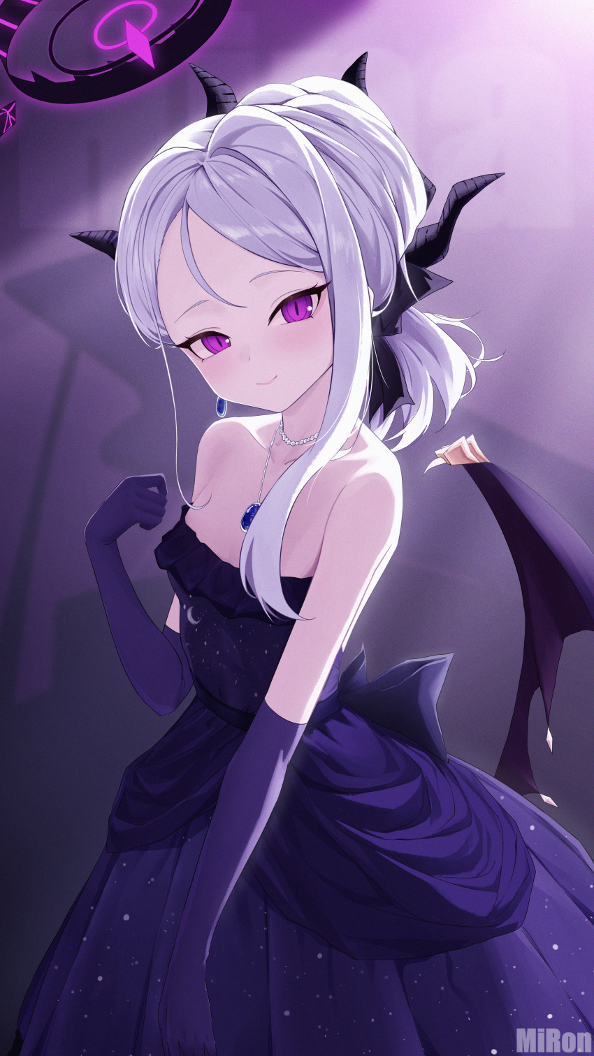 1girl absurdres bare_shoulders black_halo blue_archive blurry collarbone commentary cowboy_shot crescent_print demon_girl demon_horns demon_wings depth_of_field dress earrings elbow_gloves evening_gown gloves hair_between_eyes hair_ribbon halo head_tilt highres hina_(blue_archive) hina_(dress)_(blue_archive) horns indoors jewelry long_hair looking_at_viewer mi_rong_abmiron multicolored_halo necklace official_alternate_costume official_alternate_hairstyle parted_bangs pearl_necklace pendant ponytail purple_dress purple_eyes purple_gloves ribbon sidelocks simple_background single_earring smile solo standing starry_sky_print strapless strapless_dress two-tone_halo wavy_hair white_hair wings