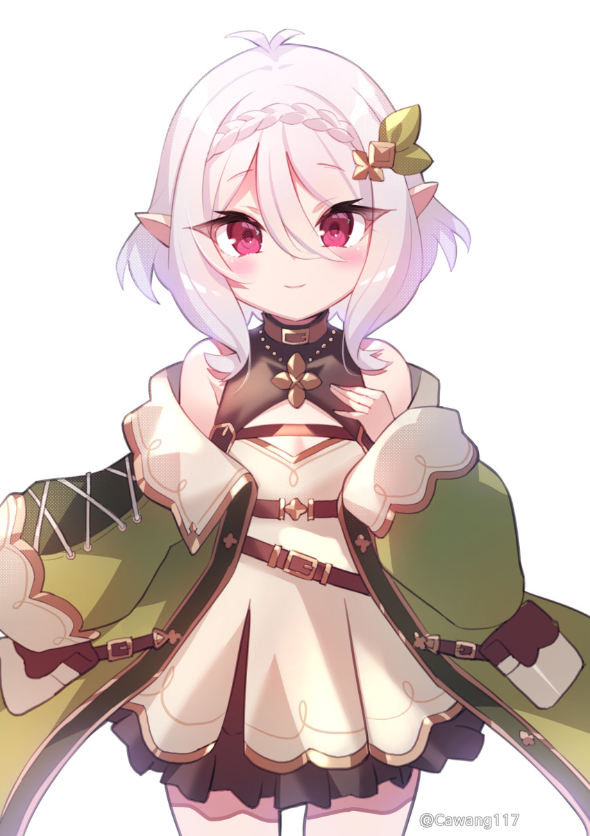 absurdres antenna_hair bare_shoulders blush breasts cawang closed_mouth coat cowboy_shot dress elf hair_between_eyes hair_ornament highres kokkoro_(princess_connect!) kokkoro_(ranger)_(princess_connect!) leaf_hair_ornament looking_at_viewer medium_hair oversized_clothes pink_eyes pointy_ears princess_connect! short_dress simple_background sleeveless sleeveless_dress small_breasts smile white_background white_hair