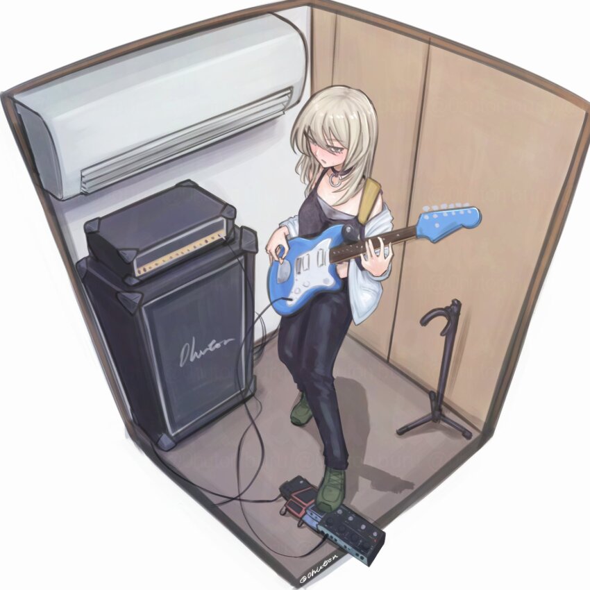 1girl air_conditioner amplifier black_camisole black_choker black_pants blush cable camisole choker commentary_request effects_pedal girls_band_cry green_shoes grey_eyes grey_hair guitar_stand hair_between_eyes highres holding holding_phone instrument jacket kawaragi_momoka long_hair music off_shoulder open_mouth pants phone playing_guitar playing_instrument shoes solo tomare_(akashingou) white_jacket