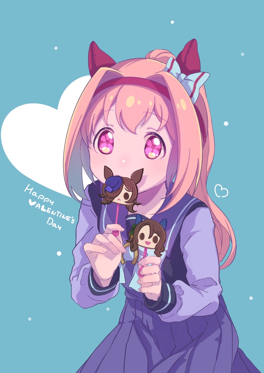 1girl absurdres animal_ears blue_background bow closed_mouth commentary_request ear_bow flower-shaped_pupils grey_bow hair_intakes hairband happy_valentine haru_urara_(umamusume) heart highres holding horse_ears king_halo_(umamusume) long_hair long_sleeves looking_at_viewer moko39_takasora pink_hair pleated_skirt ponytail puffy_long_sleeves puffy_sleeves purple_eyes purple_shirt purple_skirt red_hairband rice_shower_(umamusume) school_uniform shirt simple_background skirt solo symbol-shaped_pupils tracen_school_uniform umamusume valentine very_long_hair