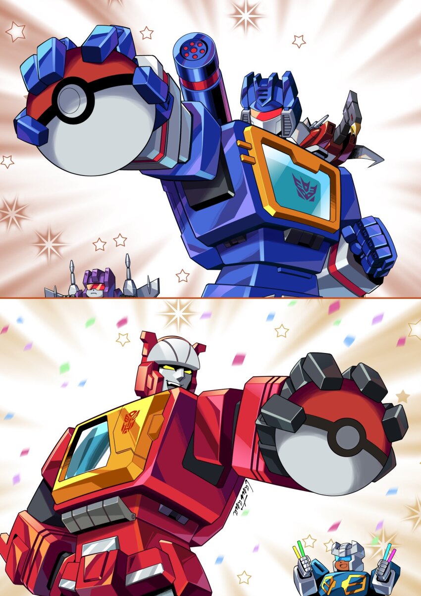 assault_visor autobot blaster_(transformers) clenched_hand confetti crossover decepticon glowstick hand_on_own_hip highres holding holding_glowstick holding_poke_ball lantana0_0 laserbeak mecha mecha_focus mechanical_wings nintendo non-humanoid_robot open_mouth parted_lips poke_ball pokemon rewind_(transformers) robot robot_animal rumble_(transformers) shoulder_cannon smile star_(symbol) transformers transformers:_generation_1 wings yellow_eyes