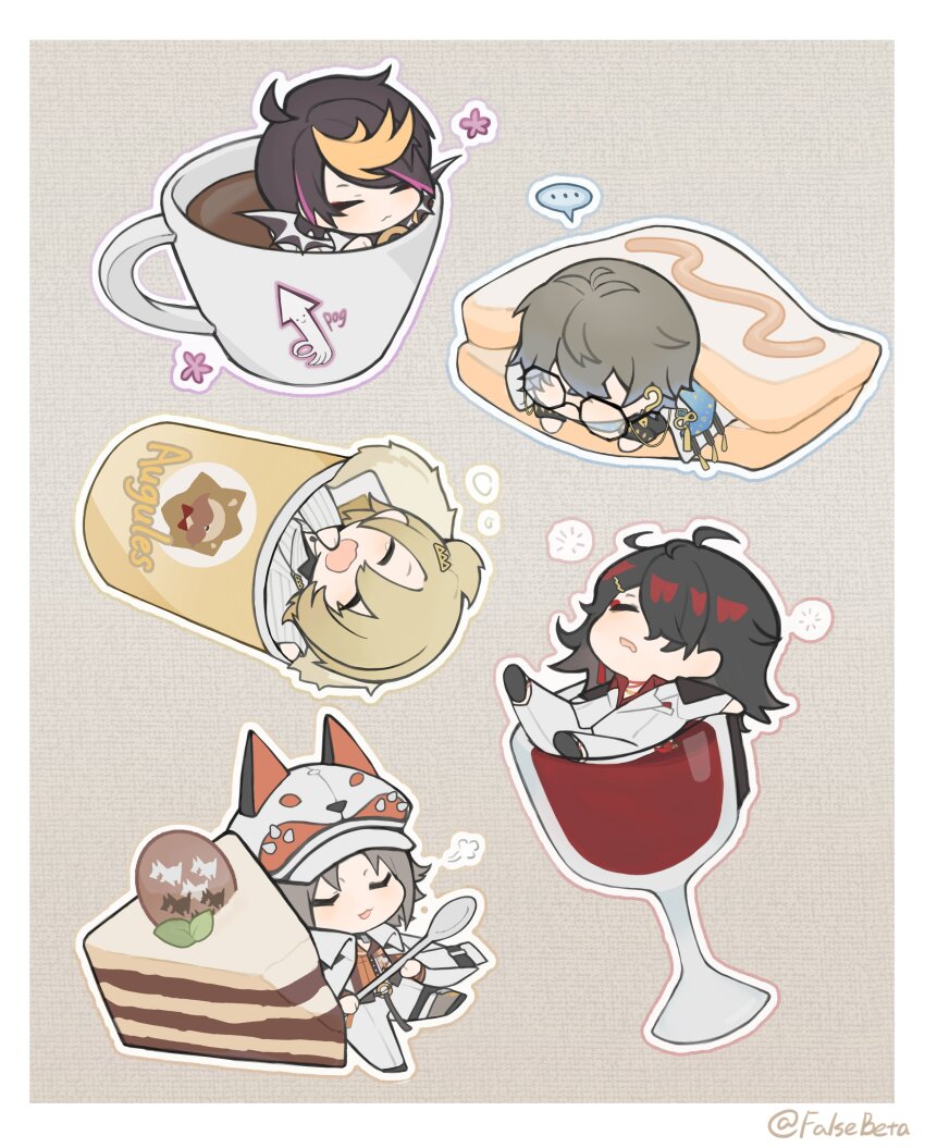 ... 5boys :3 absurdres ahoge alcohol animal_hat black-framed_eyewear black_hair blonde_hair blush border brown_background brown_hair cake cake_slice chibi closed_eyes closed_mouth coffee commentary crossed_bangs cup drinking_glass drooling english_commentary eyeshadow eyewear_strap falsebeta flower_symbol food fox_hat glasses gradient_hair grey_hair hair_ornament hair_over_one_eye hairclip hand_up hat highres holding holding_spoon ike_eveland ike_eveland_(1st_costume) in_container in_cup in_food jacket jacket_on_shoulders lapels leaf long_sleeves luca_kaneshiro luca_kaneshiro_(1st_costume) luxiem lying makeup male_focus medium_hair mini_person miniboy mouth_drool mug multicolored_hair multiple_boys mysta_rias mysta_rias_(1st_costume) nijisanji nijisanji_en on_back one_eye_covered open_mouth orange_shirt outline pants parted_bangs pink_hair pinstripe_pattern puff_of_air red_eyeshadow red_hair red_shirt sandwich shirt short_hair short_sidetail shu_yamino shu_yamino_(1st_costume) sidelocks simple_background speech_bubble spoken_ellipsis spoon streaked_hair striped_clothes striped_jacket swept_bangs vertical-striped_clothes vertical-striped_jacket virtual_youtuber vox_akuma vox_akuma_(1st_costume) white_border white_headwear white_jacket white_outline white_pants wine wine_glass wings yawning