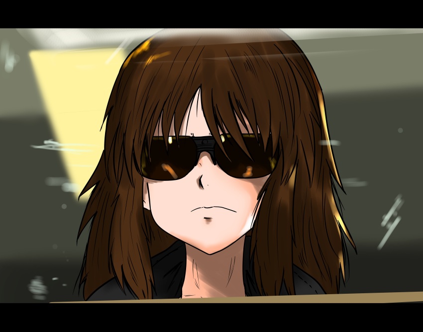 1girl absurdres black_hair black_jacket close-up closed_mouth commentary cosplay frown girls_und_panzer highres indoors jacket letterboxed long_hair medium_hair moesenyukikaze murakami_(girls_und_panzer) solo sunglasses t-800 t-800_(cosplay) terminator_(series)