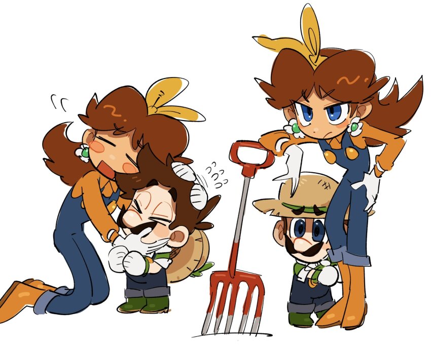1boy 1girl annoyed blue_eyes blue_overalls boots bow brown_hair closed_eyes earrings facial_hair flower_earrings full_body gloves green_boots green_shirt hair_bow hand_on_own_hip hat height_difference highres hug jewelry kneeling long_sleeves luigi mario_(series) mario_kart mario_kart_tour mimimi_(mimimim9999) mustache nintendo open_mouth orange_boots orange_shirt overalls pitchfork princess_daisy princess_daisy_(farmer) ribbon scared shirt short_hair short_sleeves simple_background size_difference straw_hat white_background white_gloves