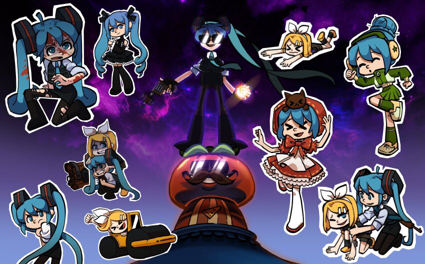 &gt;_&lt; 2girls absurdres black_pantyhose black_shirt black_skirt blonde_hair blood blood_on_face blue_eyes blue_hair blue_necktie bow bowtie bulletproof_vest cloud clover_club_(vocaloid) commentary crossover english_commentary facial_hair fortnite full_body green_skirt grin gun hair_bun hairband handgun hatsune_miku headphones highres holding holding_gun holding_weapon hatsune_miku_(infinity) kagamine_rin long_hair long_sleeves looking_at_viewer multiple_girls mustache necktie one_eye_closed open_mouth pantyhose paperisfood poppippoo_(vocaloid) project_diva project_diva_(series) purple_sky red_bow red_bowtie revolver shaded_face shirt short_hair single_hair_bun skirt sky smile standing steamroller sunglasses thighhighs tomato torn_clothes torn_pantyhose twintails vocaloid weapon white_hairband white_shirt white_thighhighs