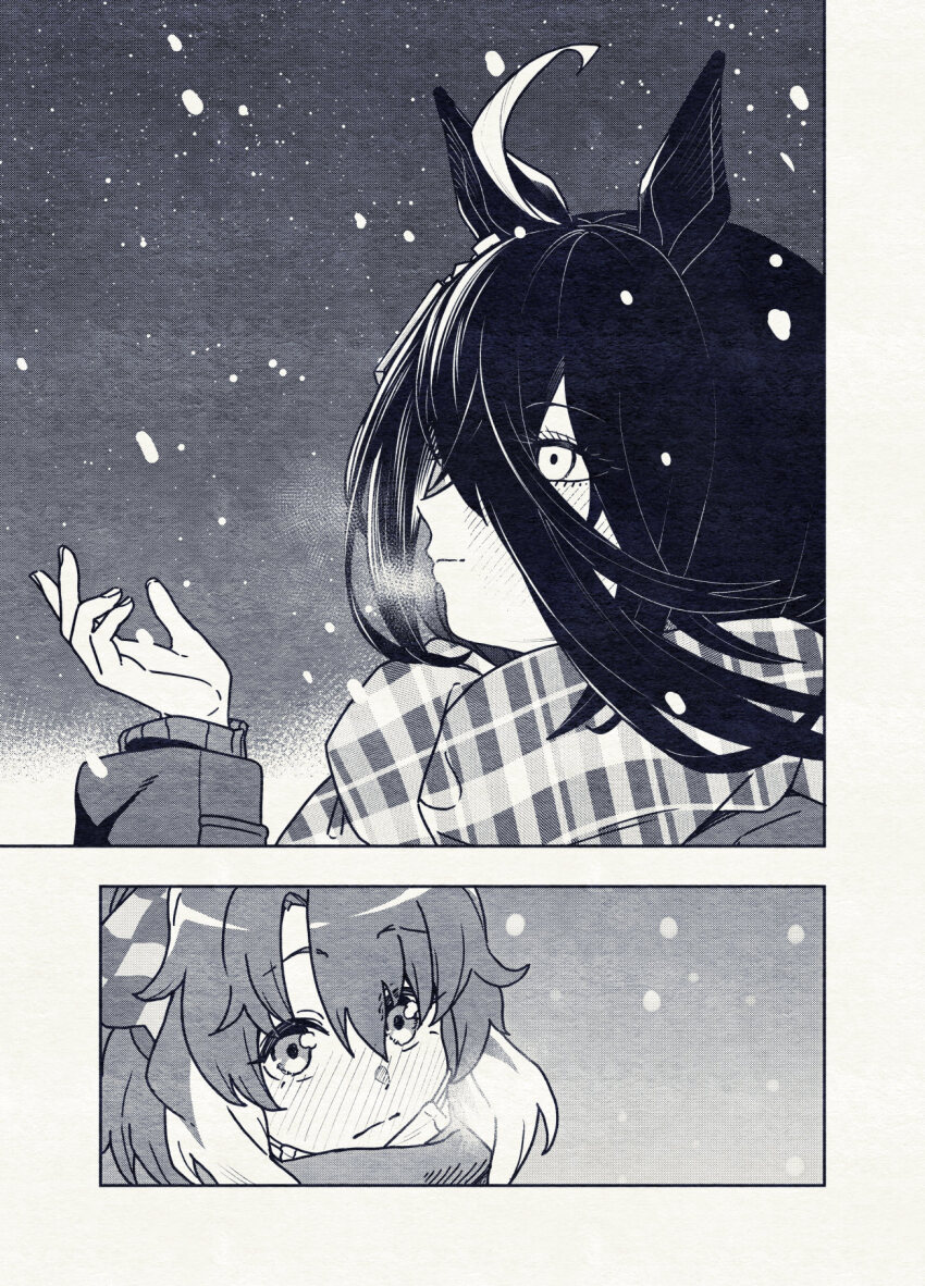 animal_ears bow checkered_ribbon commission dantsu_flame_(umamusume) ear_covers ear_ornament ear_ribbon ear_tag greyscale hair_between_eyes highres horse_ears horse_girl horse_tail kimihitsuji lab_coat long_bangs long_hair_between_eyes manhattan_cafe_(umamusume) monochrome school_uniform skeb_commission tail tracen_school_uniform umamusume umamusume:_beginning_of_a_new_era