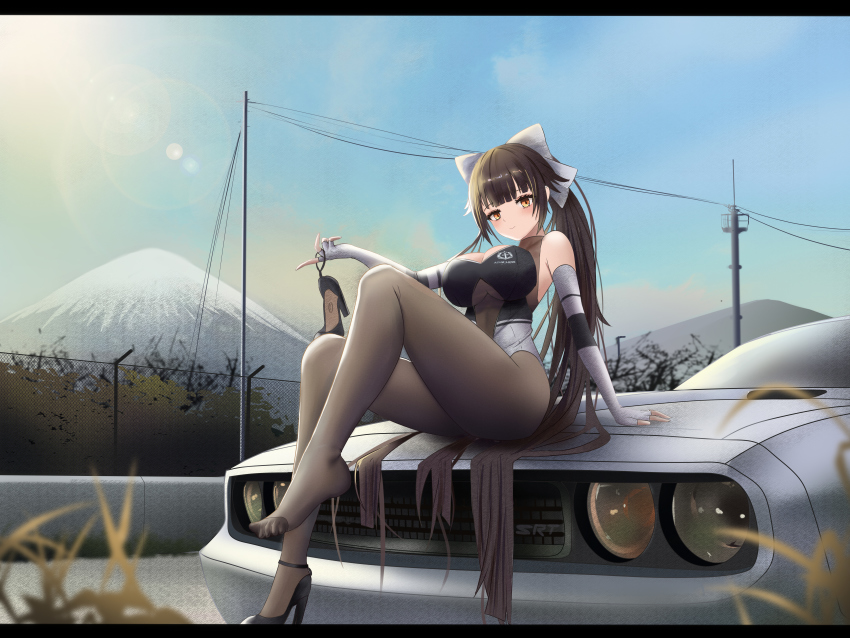 1girl absurdres azur_lane bare_shoulders black_shoes bodystocking bow breasts brown_hair car cleavage_cutout clothing_cutout dodge_challenger dodge_challenger_(3rd_generation) elbow_gloves extra_ears feet fingerless_gloves full_body gloves hair_flaps high_heels highres holding holding_shoes kcar66t large_breasts leotard letterboxed long_hair looking_at_viewer motor_vehicle multicolored_leotard official_alternate_costume on_car outdoors print_leotard race_queen shoes sitting_on_hair solo takao_(azur_lane) takao_(full_throttle_charmer)_(azur_lane) two-tone_leotard unitard unworn_shoes very_long_hair white_bow white_gloves yellow_eyes