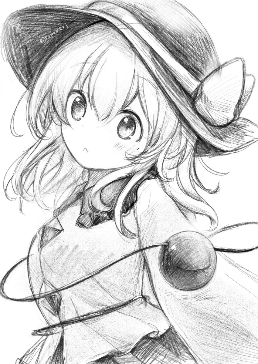 1girl absurdres bow buttons closed_mouth commentary diamond_button eyeball frilled_shirt_collar frills graphite_(medium) greyscale hat hat_bow highres komeiji_koishi long_hair long_sleeves looking_at_viewer monochrome rapameri solo third_eye touhou traditional_media twitter_username