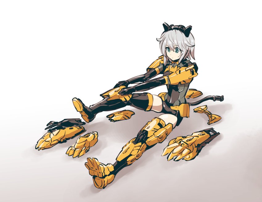1girl 30_minutes_sisters black_boots black_leotard blue_eyes boots cable covered_navel dress highres kato_takuji leotard mecha_musume rishetta_(30ms) science_fiction shadow short_hair silver_hair sitting solo thigh_boots thighhighs white_background