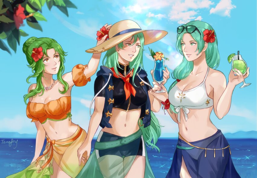 3girls absurdres artist_name belt bikini brown_eyes cup drink elincia_ridell_crimea elincia_ridell_crimea_(summer) fire_emblem fire_emblem:_radiant_dawn flower green_eyes green_hair hair_flower hair_ornament hat hibiscus highres holding holding_cup jacket midriff multiple_girls navel nephenee_(fire_emblem) nintendo ocean open_clothes open_jacket scarf sigrun_(fire_emblem) sun_hat sunglasses swimsuit tamafry