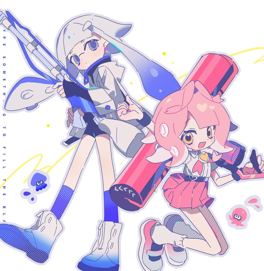 2girls absurdres asphyxia17 blue_eyes blue_footwear blue_hair blue_socks character_request english_text highres inkling inkling_girl inkling_player_character multiple_girls nintendo octoling octoling_girl octoling_player_character open_mouth pink_hair pink_shoes shoes short_hair socks splatoon_(series) tentacles white_socks yellow_eyes