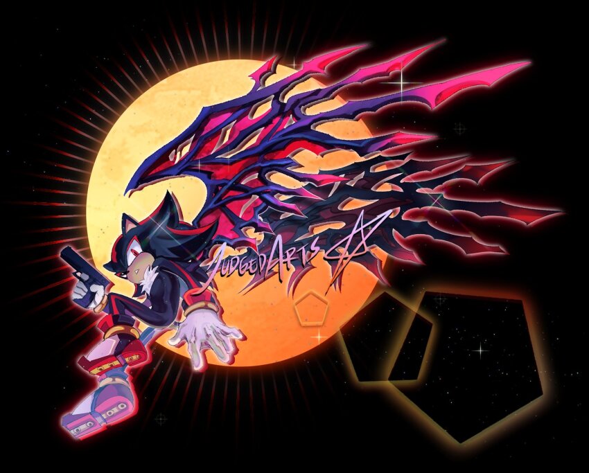 1boy black_fur black_wings body_fur finger_on_trigger full_body gun holding holding_gun holding_weapon judgedarts male_focus red_eyes red_fur shadow_the_hedgehog solo sonic_(series) sonic_generations sonic_x_shadow_generations weapon wings