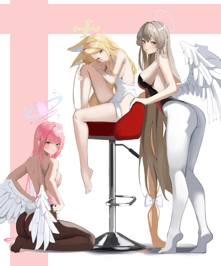 3girls absurdres alternate_costume animal_ear_fluff animal_ears bare_arms bare_legs bare_shoulders barefoot black_leotard blonde_hair blue_archive blush closed_mouth fake_tail feathered_wings fox_ears fox_girl fox_tail gim111035 hair_between_eyes halo highres leotard long_hair mika_(blue_archive) multiple_girls nagisa_(blue_archive) no_shoes nontraditional_playboy_bunny pantyhose parted_lips pink_hair pink_leotard purple_halo rabbit_tail seia_(blue_archive) seiza sidelocks sitting smile strapless strapless_leotard tail tea_party_(blue_archive) thigh_strap white_leotard white_pantyhose white_wings wings yellow_eyes yellow_halo