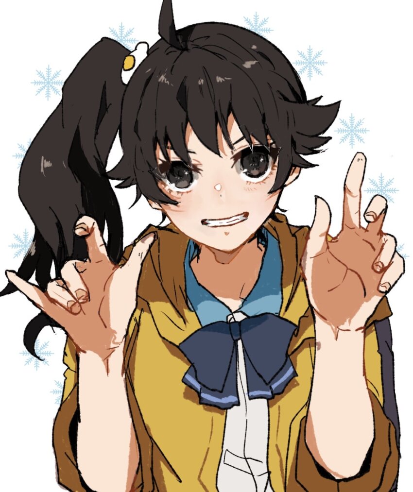 1girl \m/ ahoge araragi_karen araragi_karen_(cosplay) black_bow black_bowtie black_hair blue_sailor_collar bow bowtie brown_eyes claw_pose commentary commission cosplay curled_fingers egg_(food) egg_hair_ornament food food-themed_hair_ornament fried_egg grin hair_ornament hair_over_eyes hands_up highres hood hood_down hooded_track_jacket jacket light_blush long_hair looking_at_viewer monogatari_(series) open_clothes open_jacket sailor_collar school_uniform serafuku shirt side_ponytail smile snowflake_background snowflakes solo track_jacket tsuganoki_second_junior_high_school_uniform upper_body valhalla0707 wavy_hair white_background white_shirt
