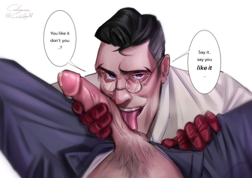 2boys bara between_legs black_hair blue_eyes cabbage_(ncalabby) collared_shirt elbow_gloves erection fellatio glasses gloves hand_on_another&#039;s_thigh heavy_breathing highres licking licking_penis long_sleeves looking_at_another looking_at_viewer male_focus male_pubic_hair mature_male medic_(tf2) multiple_boys muscular muscular_male open_mouth oral penis penis_grab pov pov_crotch precum pubic_hair red_gloves red_medic_(tf2) rubber_gloves shirt short_hair smile solo_focus speech_bubble sweat talking talking_to_the_viewer team_fortress_2 teeth thighs tongue tongue_out unbuttoned unbuttoned_pants underwear_peek unzipped unzipped_pants upper_teeth_only veins veiny_penis white_shirt yaoi