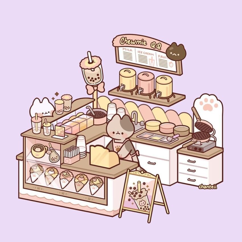 :&lt; animal_focus apron artist_name back_bow bad_id bad_instagram_id black_eyes blush_stickers bow bubble_tea cash_register cat closed_mouth crepe cup disposable_cup drinking_straw fishsideup food ice_cream ice_cream_scoop_(utensil) kitchen menu menu_board no_humans original paw_print paw_print_pattern pink_apron pink_bow purple_background simple_background sink solid_circle_eyes standing teacup waffle_maker