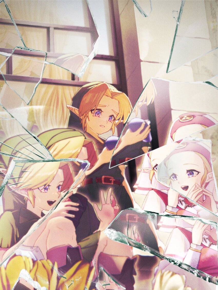1boy 2girls aged_down ao_haruki back-to-back belt blonde_hair blue_eyes boots broken_glass commentary_request dress dual_persona flower glass green_hat green_tunic hat highres holding holding_instrument instrument link long_hair long_sleeves multiple_girls nintendo ocarina open_mouth own_hands_together parted_bangs pink_dress pointy_ears princess_zelda short_hair smile stairs standing the_legend_of_zelda the_legend_of_zelda:_ocarina_of_time tulip tunic two-tone_dress white_dress window yellow_flower yellow_tulip young_link young_zelda