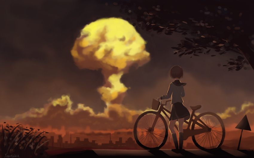 1girl bicycle blue_sailor_collar commentary evening explosion from_behind highres mushroom_cloud nuclear_explosion nuclear_weapon sailor_collar scenery school_uniform serafuku shirt signature tree twilight white_shirt youotaku yuuyake_koyake