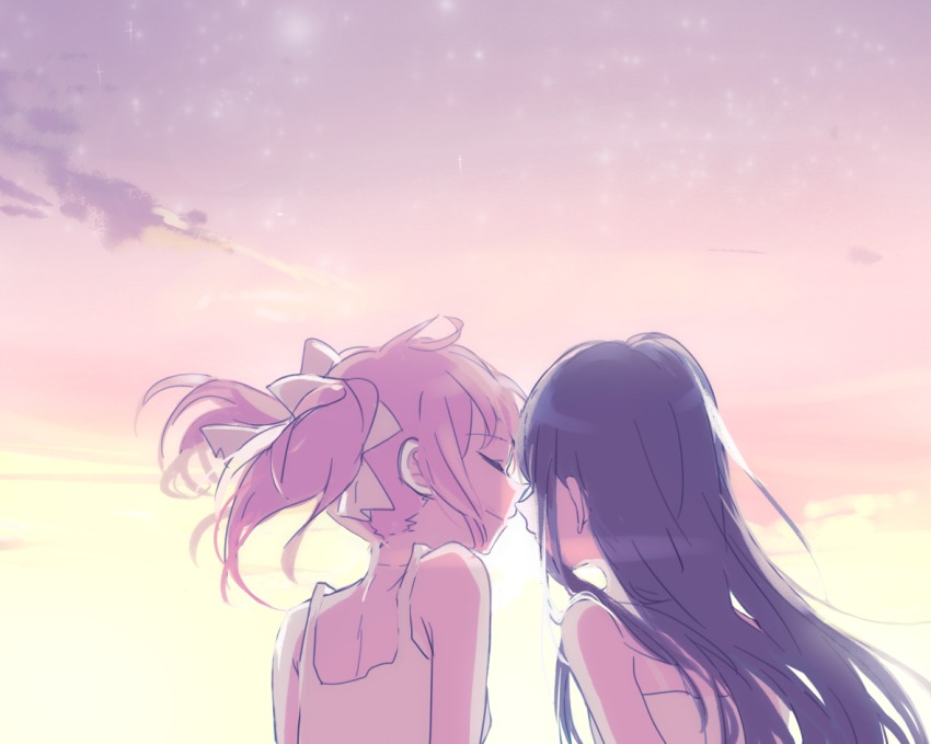 10s 2girls akemi_homura black_hair closed_eyes hair_ribbon imminent_kiss kaname_madoka long_hair mahou_shoujo_madoka_magica mahou_shoujo_madoka_magica_(anime) multiple_girls pink_hair ribbon short_hair yuri zgxuke