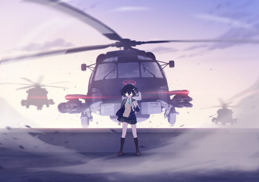 1girl aircraft aqua_necktie artist_request attack_helicopter ayane_(blue_archive) black_hair black_socks blazer blue_archive blue_jacket braid butterfly_hair_ornament clipboard closed_mouth collared_shirt dust_cloud game_cg glasses hair_ornament halo helicopter highres holding holding_clipboard jacket kneehighs landing military_vehicle missile necktie non-web_source official_art opaque_glasses outdoors plaid_clothes plaid_skirt pointy_ears red-framed_eyewear red_halo school_uniform shirt short_hair side-view_mirror skirt socks solo spoilers sweater_vest vest white_shirt wind windshield yellow_vest