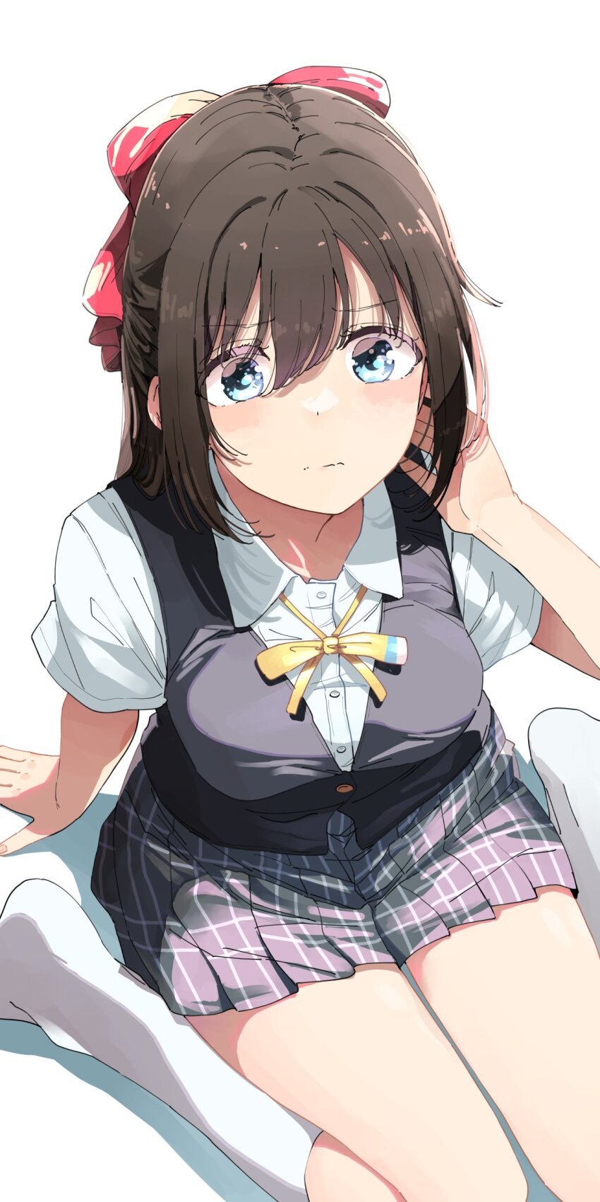 1girl black_vest blue_eyes blue_shirt bow breasts brown_hair closed_mouth collared_shirt commentary dress_shirt from_above grey_skirt hair_between_eyes hair_bow half_updo hand_on_own_cheek hand_on_own_face highres knees_out_of_frame long_hair looking_at_viewer love_live! love_live!_nijigasaki_high_school_idol_club medium_breasts miniskirt neck_ribbon nijigasaki_school_uniform no_shoes nyoijizai osaka_shizuku plaid_clothes plaid_skirt pleated_skirt red_bow ribbon school_uniform shirt short_sleeves sidelocks simple_background sitting skirt socks solo split_mouth summer_uniform vest wariza wavy_mouth white_background white_socks yellow_ribbon