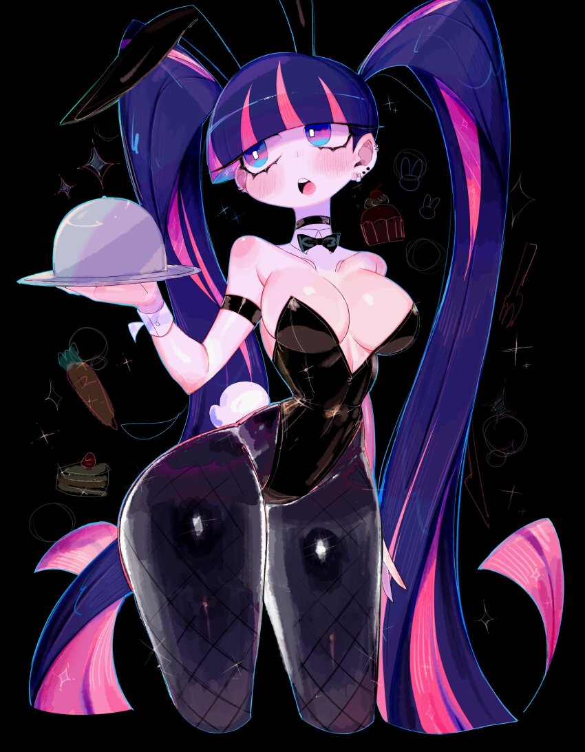 1girl absurdres animal_ears black_border black_leotard blue_eyes blue_hair blunt_bangs border bow bowtie breasts bright_pupils colored_inner_hair covered_navel detached_collar fake_animal_ears fishnet_pantyhose fishnets highleg highleg_leotard highres large_breasts leotard long_hair looking_at_viewer multicolored_hair navel open_mouth panty_&amp;_stocking_with_garterbelt pantyhose pink_hair playboy_bunny rabbit_ears solo stocking_(psg) strapless strapless_leotard traditional_bowtie tray two-tone_hair usa37107692 very_long_hair white_pupils wrist_cuffs