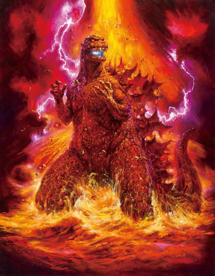 atomic_breath bird dinosaur dust electricity energy epic eruption explosion fire giant giant_monster glowing glowing_mouth godzilla godzilla_(series) highres kaiju lava lightning monster movie_poster no_humans ocean official_art ohrai_noriyoshi pink_electricity promotional_art red_eyes sea_monster seagull smoke spikes textless_version the_return_of_godzilla toho volcano water