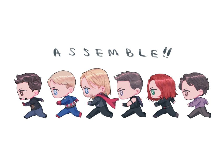 1girl 5boys animification armor avengers_(series) bare_shoulders beard belt black_armor black_bodysuit black_footwear black_pants black_shirt black_widow blonde_hair blue_bodysuit blue_eyes blue_pants bodysuit brown_eyes brown_hair bruce_banner cape captain_america chibi clenched_hands clint_barton closed_mouth commentary english_commentary english_text facial_hair full_body gloves green_eyes grey_belt grey_footwear grey_pants hawkeye_(marvel) heart heart_in_eye highres long_sleeves looking_to_the_side marvel marvel_cinematic_universe multiple_boys natasha_romanoff pants purple_eyes purple_shirt red_cape red_gloves red_hair running shirt shoes short_hair simple_background sleeveless sleeveless_shirt smile sparkling_eyes steve_rogers superhero_costume symbol_in_eye the_avengers_(2012) thor_(marvel) tony_stark v-shaped_eyebrows vertical-striped_bodysuit white_background xxviolet