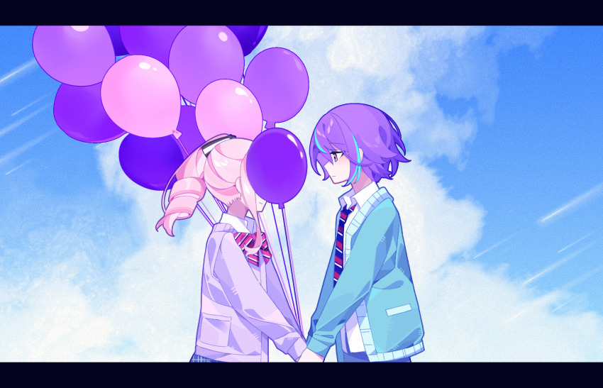 1boy 1other akiyama_mizuki aqua_cardigan balloon black_bow blue_hair blue_necktie blue_pants blue_skirt blue_sky bow bowtie cardigan chinese_commentary closed_mouth cloud collared_shirt commentary_request covered_face cumulonimbus_cloud day diagonal-striped_bow diagonal-striped_bowtie diagonal-striped_clothes diagonal-striped_necktie face-to-face from_side hair_bow high_side_ponytail highres holding_hands kamishiro_rui kamiyama_high_school_uniform_(project_sekai) laylayhappy letterboxed long_hair long_sleeves looking_at_another multicolored_hair necktie open_cardigan open_clothes outdoors pants pink_hair plaid_clothes plaid_skirt profile project_sekai puffy_long_sleeves puffy_sleeves purple_cardigan purple_hair red_bow red_bowtie red_necktie school_uniform shirt short_hair side_ponytail sidelocks skirt sky smile streaked_hair striped_clothes two-tone_hair upper_body white_shirt yellow_eyes
