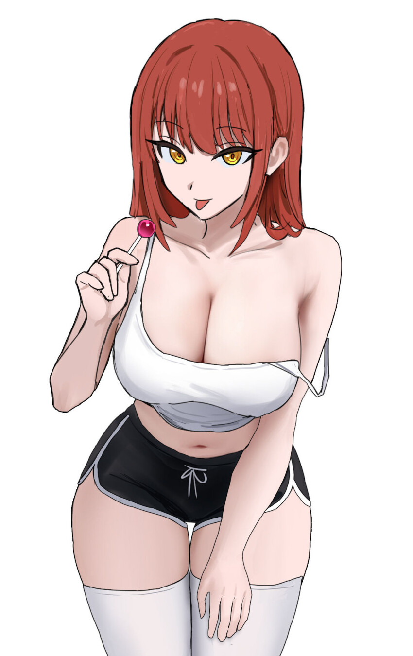 1girl black_shorts breasts chainsaw_man cleavage collarbone dolphin_shorts highres holding holding_leash large_breasts leash long_hair makima_(chainsaw_man) midriff navel red_hair ringed_eyes shorts simple_background skrillex_li solo strap_slip tank_top thigh_gap thighhighs tongue tongue_out white_background white_tank_top white_thighhighs wide_hips yellow_eyes