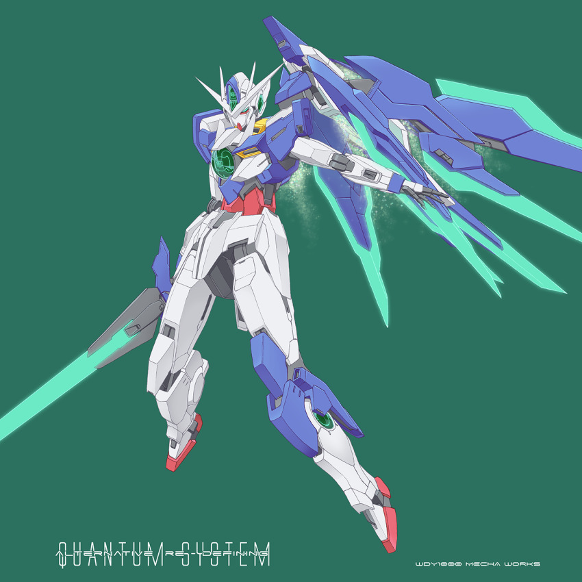 00_qan[t] artist_name commentary english_commentary english_text green_background green_eyes gundam gundam_00 gundam_00_a_wakening_of_the_trailblazer highres holding holding_sword holding_weapon light_particles mecha mobile_suit no_humans redesign robot shield solo sword v-fin wdy1000 weapon
