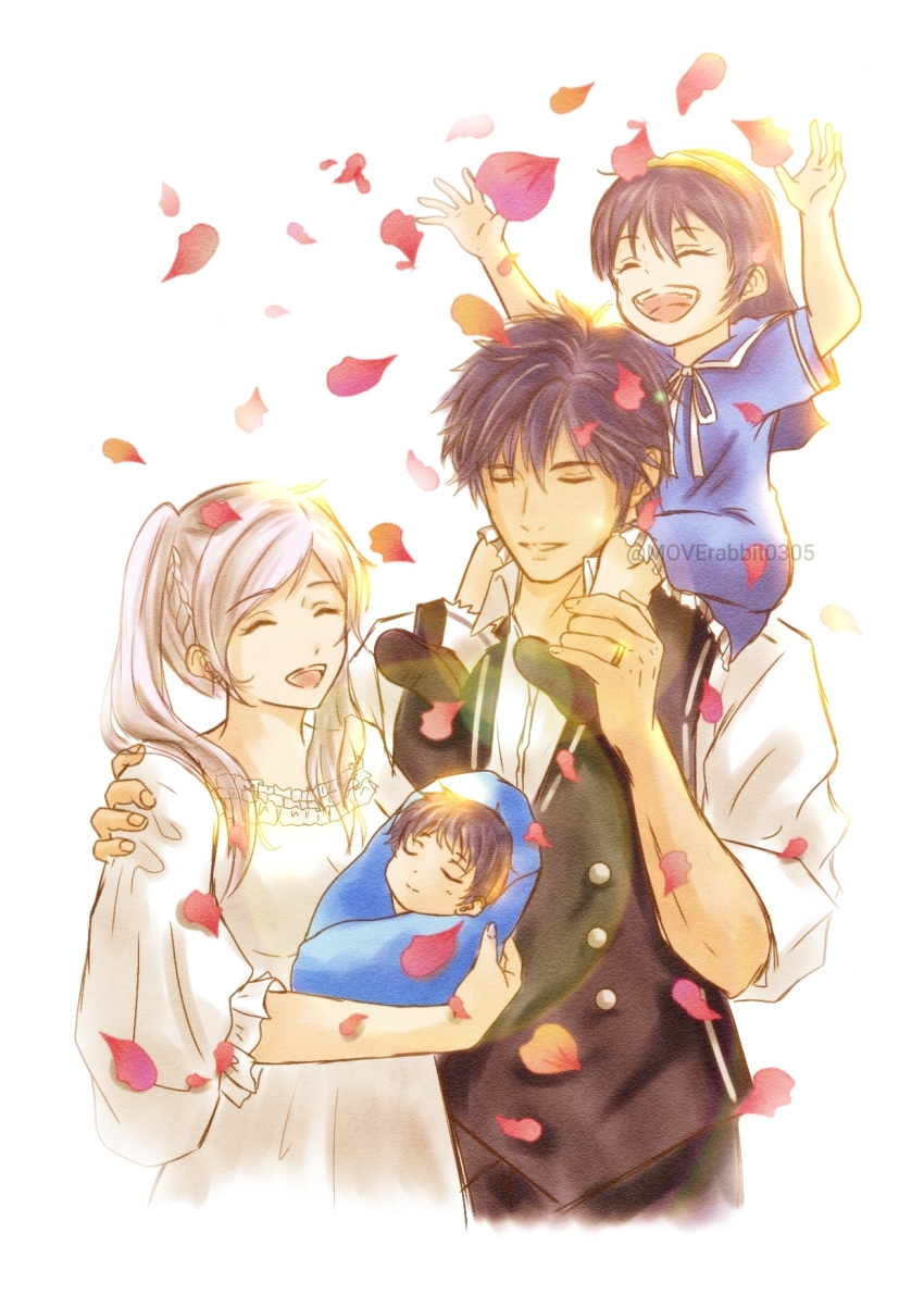 2boys 2girls age_difference aged_down baby blue_dress blue_hair breasts brother_and_sister carrying chrom_(fire_emblem) dress eyelashes falling_petals family father_and_daughter father_and_son female_robin_(fire_emblem) fingernails fire_emblem fire_emblem_awakening full_body hair_between_eyes hand_on_another&#039;s_shoulder hands_up happy highres husband_and_wife intelligent_systems jewelry lifting_person long_hair lucina_(fire_emblem) male_focus male_morgan_(fire_emblem) medium_breasts mother_and_daughter mother_and_son moverabbit0305 multiple_boys multiple_girls neck nintendo open_mouth petals piggyback ring short_hair short_sleeves siblings sidelocks size_difference sleeping standing swept_bangs tiara twintails upper_body wedding_ring white_background white_dress white_hair