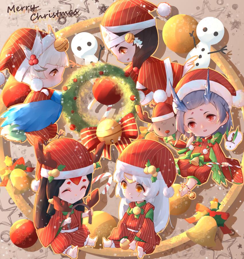 1girl 4boys :o absurdres antlers barefoot bell bird_footprints bird_legs black_hair brown_background brown_eyes candy candy_cane chibi christmas christmas_wreath closed_eyes deer deer_antlers doujo_(onmyoji) food full_body grey_hair hat highres holding holding_candy holding_candy_cane holding_food holding_hairband horns japanese_clothes kariginu kurodouji long_hair long_sleeves looking_at_another merry_christmas multiple_boys oguna_(onmyoji) on_floor onmyoji pants profile puffy_pants red_eyes red_hair red_headwear red_pants red_skirt santa_costume santa_hat shirodouji sitting skirt smile striped_clothes striped_headwear striped_pants striped_skirt vertical-striped_clothes vertical-striped_headwear vertical-striped_pants vertical-striped_skirt white_hair wide_sleeves wings wreath yellow_eyes yi_er_san yuki_douji_(onmyoji)