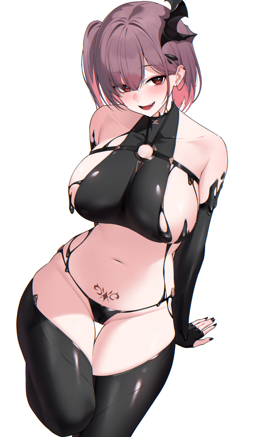 1girl bare_shoulders bikini black_bikini black_gloves black_horns black_nails black_shirt black_thighhighs blush breasts collarbone commentary elbow_gloves fingerless_gloves fingernails gloves goddess_of_victory:_nikke highres horns large_breasts looking_at_viewer medium_hair nail_polish navel o-ring one_side_up open_mouth pink_eyes pink_hair pubic_tattoo shirt sideboob simple_background single_horn smile solo stomach swimsuit tattoo teeth thighhighs thighs white_background ziroqon ziz_(nikke)