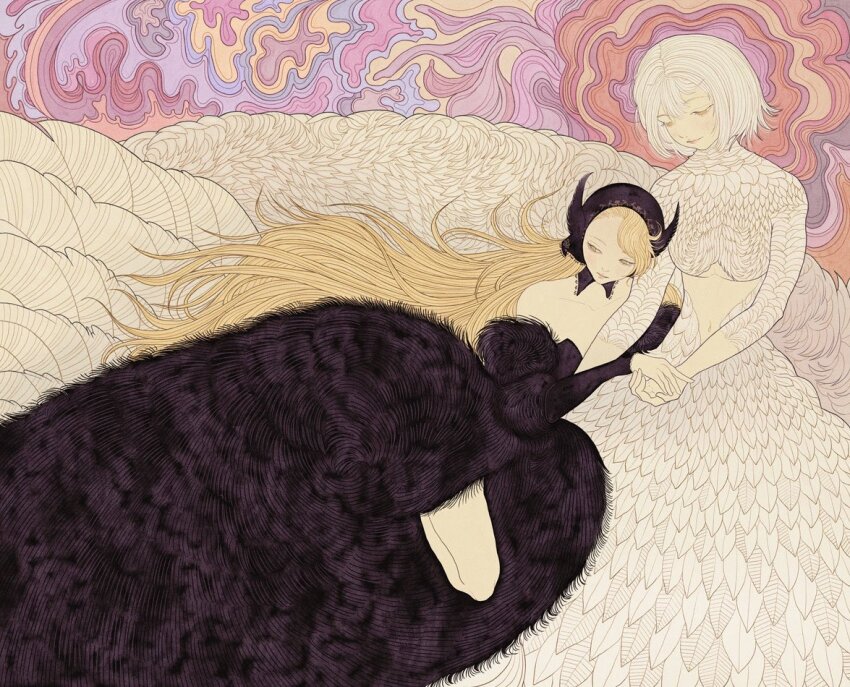 2girls abstract_background absurdly_long_hair bare_shoulders black_dress black_headscarf black_hood blonde_hair chimera closed_eyes dress dungeon_meshi ear_covers elf falin_touden falin_touden_(chimera) feathers fur_dress hagushka hands_on_lap headscarf lace-trimmed_hood long_hair looking_to_the_side marcille_donato marcille_donato_(lord) monster_girl multiple_girls on_lap pointy_ears short_hair taur very_long_hair white_feathers white_hair wimple yellow_eyes
