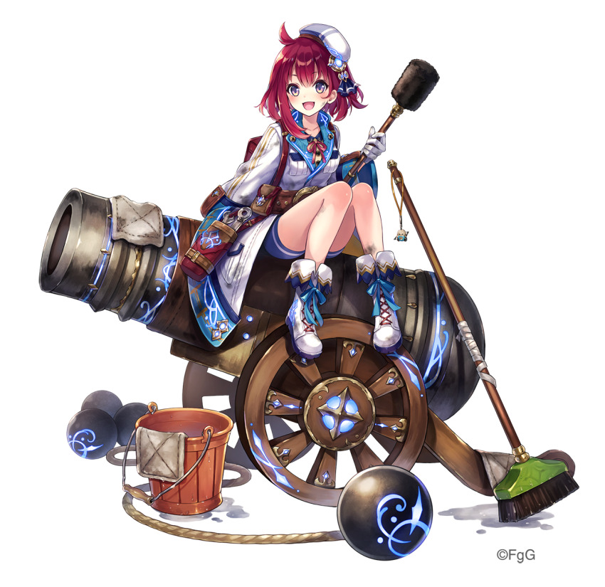 1girl :d ahoge bertha_(ta_ga_tame_no_alchemist) blue_shorts boots bucket cannon cleaning_rag coat collared_coat commentary_request copyright_notice full_body gloves hat highres holding looking_at_viewer mikan_ame_(gumi) mop official_art open_mouth second-party_source shorts simple_background sitting smile solo ta_ga_tame_no_alchemist transparent_background white_boots white_coat white_gloves white_hat