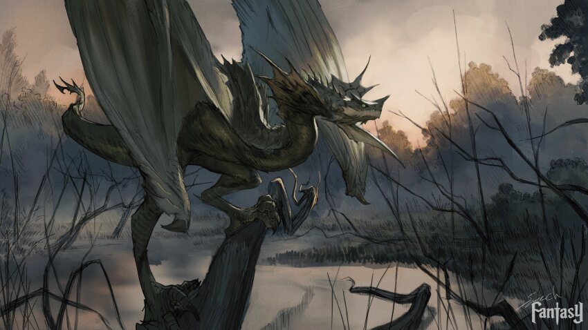 absurdres animal_focus dragon full_body highres monster no_humans original outdoors plant_roots signature sky solo sonech tail water western_dragon wetland wings wyvern yellow_eyes