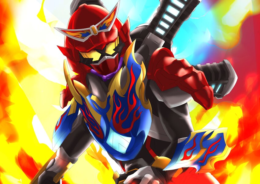 1boy absurdres alternate_costume antennae appareskebow armor black_bodysuit blue_armor blue_fire bodysuit bow_(weapon) bug clenched_hands commentary fire flame_print foreshortening gloves glowing glowing_eyes goggles goggles_on_head gotcha_driver gotchartornado grasshopper highres holding holding_sword holding_weapon insect japanese_armor kamen_rider kamen_rider_fire_gotchard kamen_rider_gotchard kamen_rider_gotchard_(series) leg_up looking_at_viewer male_focus miyabi_(037) official_alternate_costume open_hand orange_eyes over_shoulder red_armor rider_belt scarf smoke solo sword thrusters tokusatsu warehouse weapon weapon_over_shoulder white_gloves white_scarf