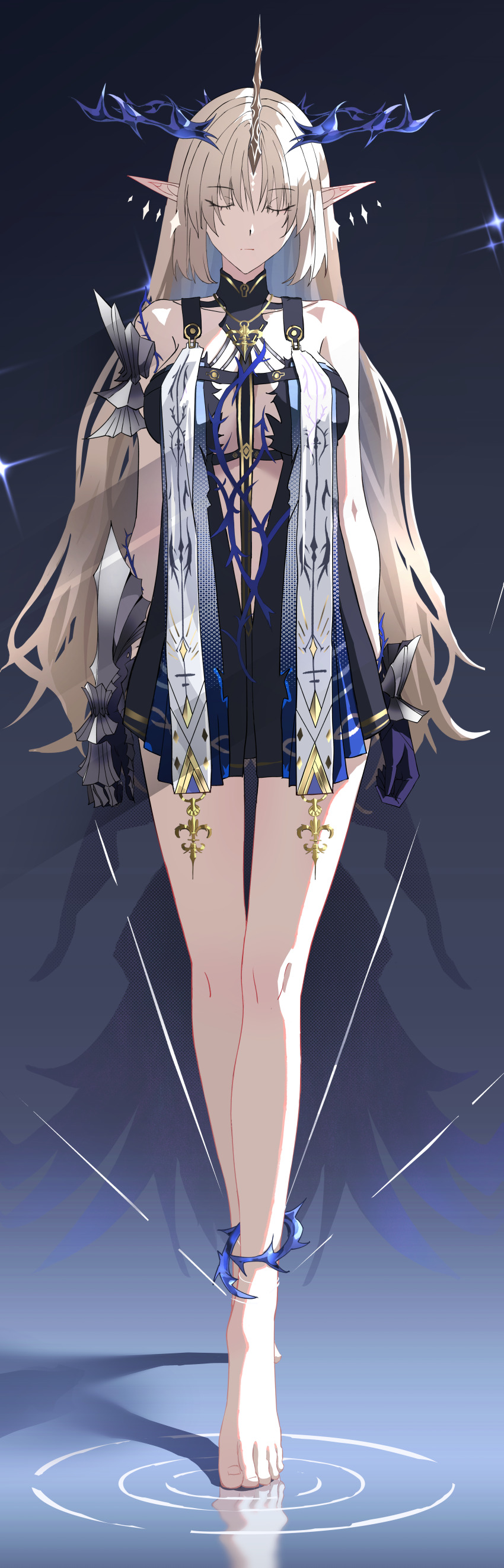 1girl absurdres bare_legs bare_shoulders barefoot black_dress blonde_hair blue_background blue_hair breasts closed_eyes closed_mouth colored_inner_hair crown_of_thorns double_slash_(uphx3853) dress earrings facing_viewer feet fleur-de-lis fleurdelys_(wuthering_waves) floating_earrings full_body gradient_background highres horns jewelry large_breasts legs long_hair long_horns multicolored_hair necklace parted_bangs pointy_ears reflection reflective_liquid ripples sidelocks single_horn solo tabard tacet_mark_(wuthering_waves) toes very_long_hair white_tabard wuthering_waves yellow_horns
