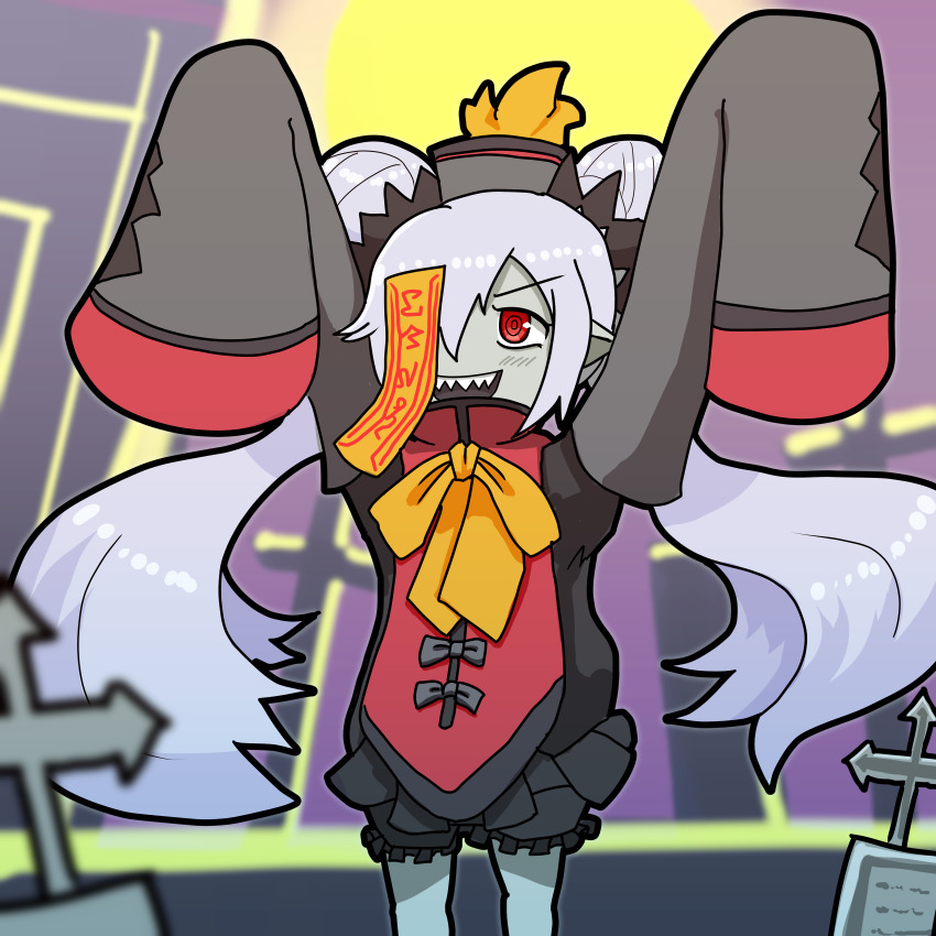 1girl absurdres bow chinese_clothes colored_skin death_princess_(disgaea) disgaea double_bun grey_skin hair_bun highres jiangshi jiangshi_costume long_hair makai_senki_disgaea_7 twintails yellow_bow zombie