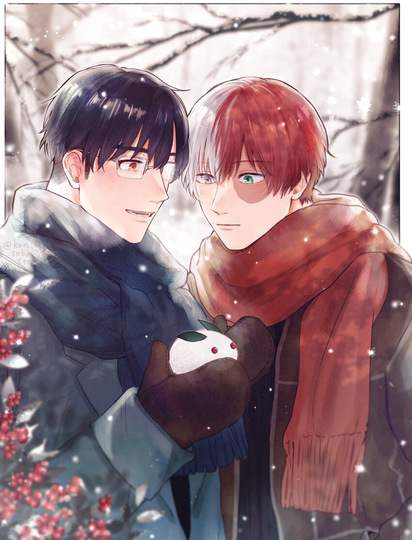 2boys absurdres black_mittens blue_coat blue_scarf boku_no_hero_academia branch brown_coat closed_mouth coat glasses green_eyes heterochromia highres iida_tenya konsobastew male_focus mittens multicolored_hair multiple_boys parted_lips rectangular_eyewear red_eyes red_hair red_scarf scar scar_on_face scarf shirt short_hair sideburns snow_rabbit split-color_hair todoroki_shouto white_shirt winter winter_clothes