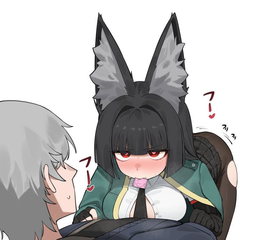 1boy 1girl animal_ear_fluff animal_ears ass black_hair black_shirt blunt_bangs blush breast_press breasts closed_mouth condom condom_in_mouth condom_wrapper flasso fox_ears fox_girl grey_hair heart heart-shaped_pupils hetero highres hoshimi_miyabi jacket long_hair looking_at_another mouth_hold pantyhose red_eyes shirt short_hair sweat symbol-shaped_pupils wise_(zenless_zone_zero) zenless_zone_zero