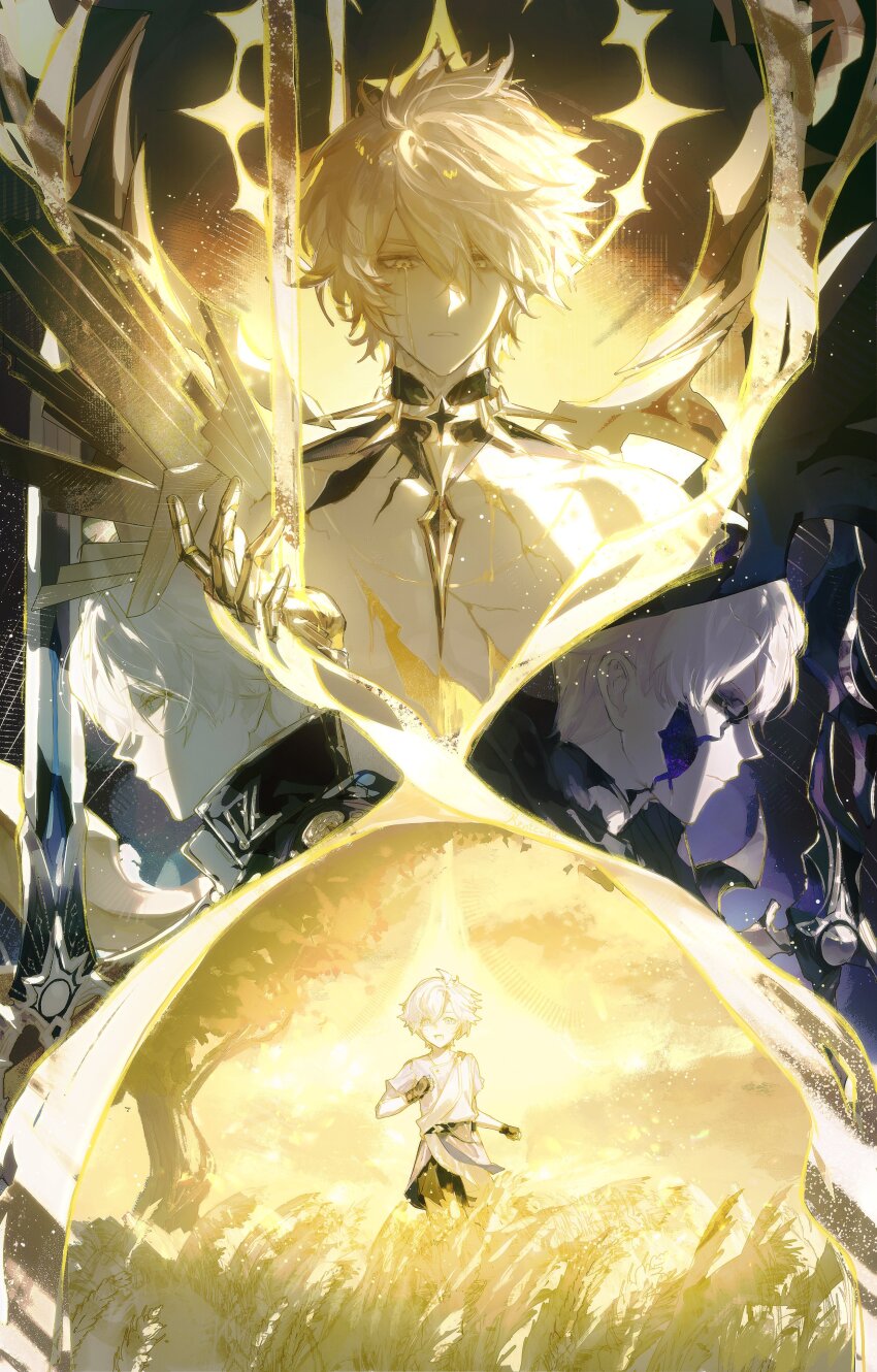 4boys absurdres alternate_form black_shirt blonde_hair blue_eyes cracked_skin flame_reaver_of_the_deepest_dark hair_between_eyes halo halo_behind_head hashtag-only_commentary highres holding holding_sword holding_weapon honkai:_star_rail honkai_(series) infinity_symbol male_focus material_growth multiple_boys multiple_persona phainon_(a_dream_scented_in_wheat)_(honkai:_star_rail) phainon_(honkai:_star_rail) phainon_(khaslana)_(honkai:_star_rail) profile rente_gu shirt short_hair sword weapon wheat_field white_hair yellow_blood yellow_eyes