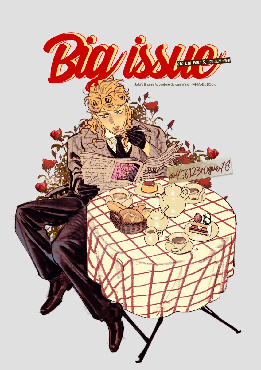 1boy 456123r0gue78 absurdres bread cake dress_shoes flower food formal_clothes giorno_giovanna highres jojo_no_kimyou_na_bouken long_hair male_focus newspaper pants sitting solo strawberry_shortcake table