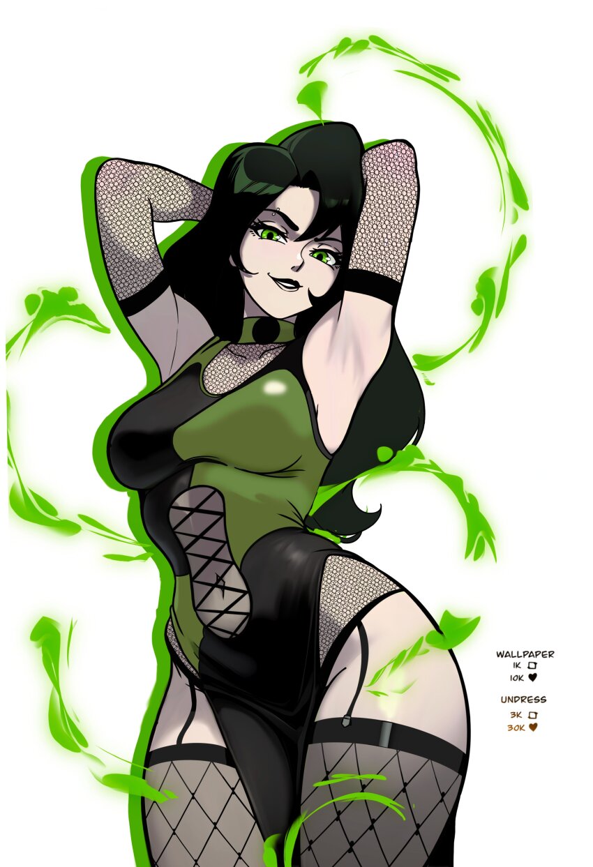 1girl absurdres black_hair black_lips breasts choker clothing_cutout dress fire fishnet_gloves fishnets gloves green_choker green_eyes green_fire highres kim_possible_(series) large_breasts long_hair looking_at_viewer navel pale_skin pelvic_curtain redpostit shego sleeveless sleeveless_dress smile stomach_cutout