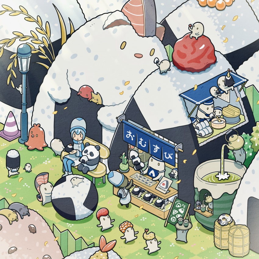 absurdres bench black_cat blue_hair blush calico_cat cat fish_(food) food food_art highres holding holding_food holding_tray ikura_(food) kettle onigiri open_mouth original panda shrimp shrimp_tempura sushi tako-san_wiener tea tempura traffic_cone tray tti_design