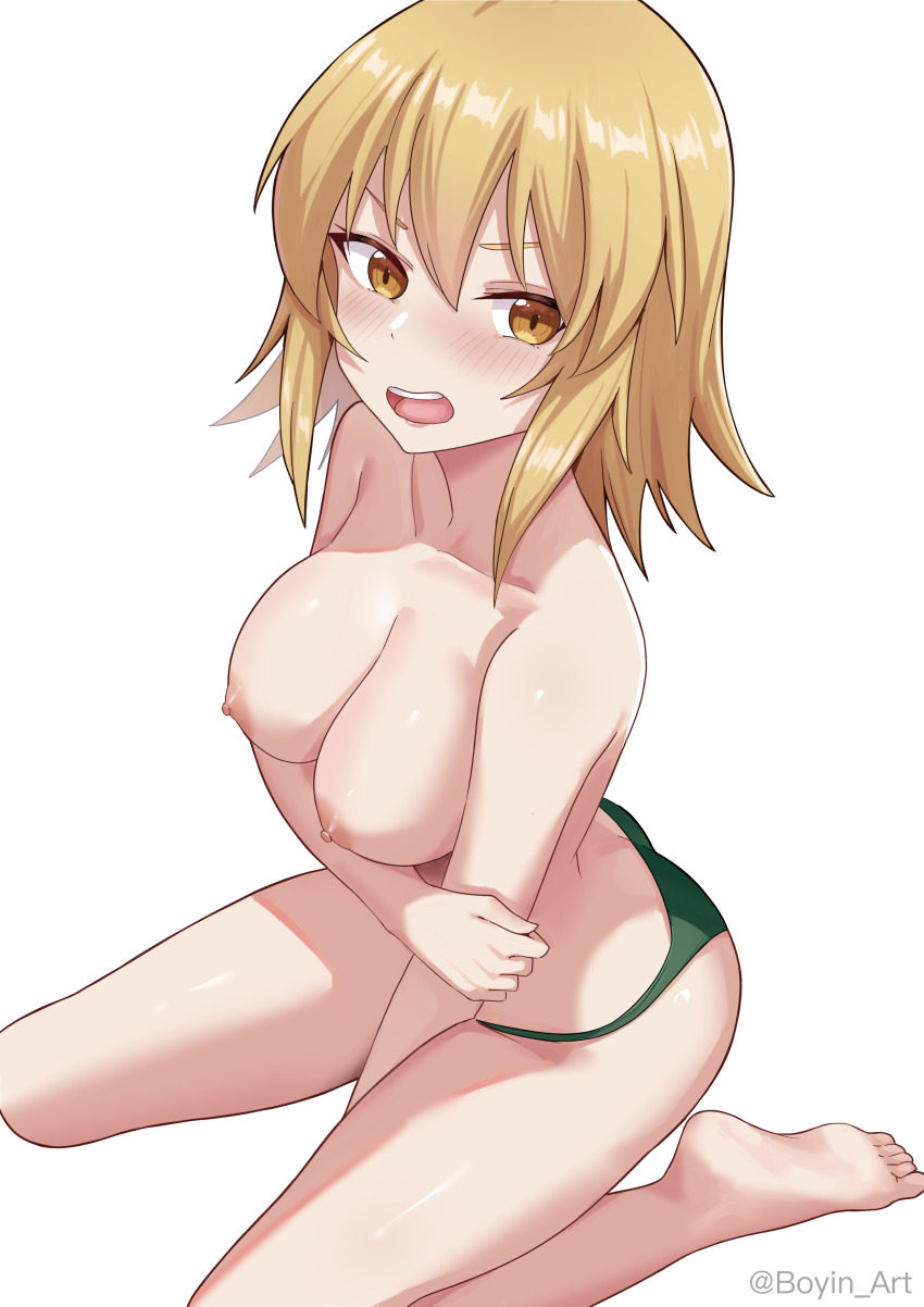 1girl absurdres ass bikini bikini_bottom_only blonde_hair blush boyin breasts butt_crack cagalli_yula_athha cleavage green_panties gundam gundam_seed gundam_seed_destiny gundam_seed_freedom highres holding_own_arm kneeling large_breasts looking_at_viewer nipples open_mouth panties short_hair solo swimsuit topless_female underwear underwear_only yellow_eyes