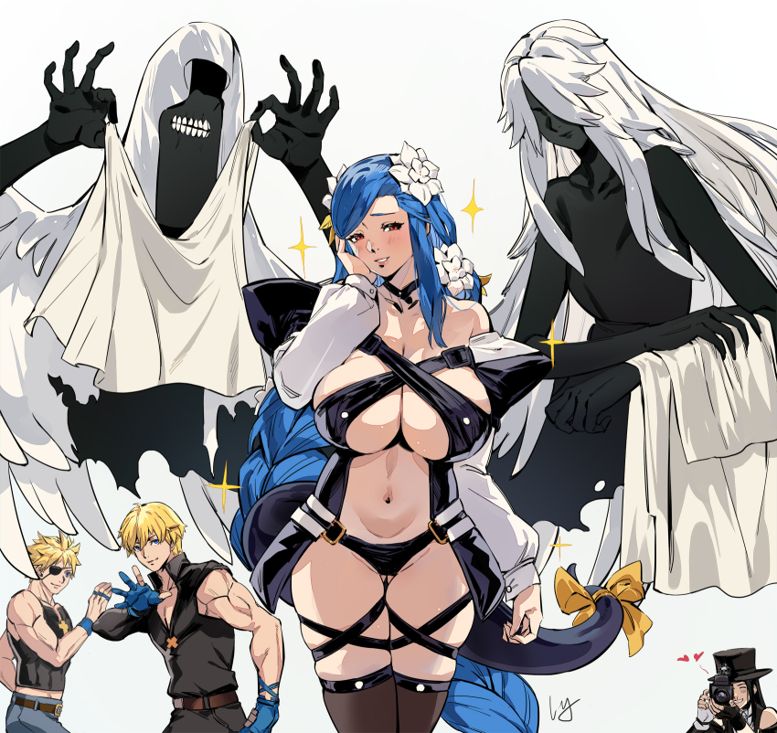 1girl 1other 2boys androgynous bare_shoulders belt black_hair black_pants black_shirt blonde_hair blue_gloves blue_hair blush bow braid breasts camera cleavage closed_eyes closed_mouth detached_sleeves dizzy_(guilty_gear) eyepatch flower gloves grin guilty_gear hair_flower hair_ornament hair_ribbon hand_on_own_cheek hand_on_own_face hat heart high_collar highres holding holding_camera husband_and_wife ky_kiske large_breasts liangjushuang long_hair looking_at_viewer midriff monster monster_girl multiple_boys muscular muscular_male navel necro_(guilty_gear) ok_sign pants parted_lips partially_fingerless_gloves red_eyes revealing_clothes ribbon shirt short_hair sin_kiske skindentation sleeveless sleeveless_shirt smile swept_bangs tail tail_bow tail_ornament tail_ribbon teeth testament_(guilty_gear) thighhighs top_hat undine_(guilty_gear) veil very_long_hair white_background white_flower white_hair yellow_ribbon